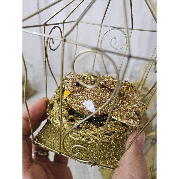 Gold cage bird ornament decor Xmas tree set lot of nine - Picture 8 of 9